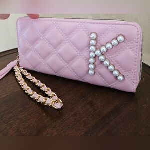 Custom Pearled Initial "K" Faux Vegan Quilted Leather Wallet/Wristlet